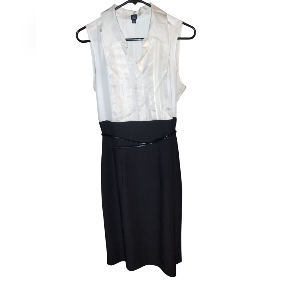 Saks Fifth Avenue Vintage Elegant Black and White Belted Dress, Sleeveless
